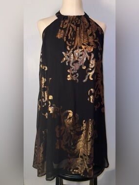 One Clothing Black Sheer Overlay Metallic Gold Foil Halter Cocktail Dress